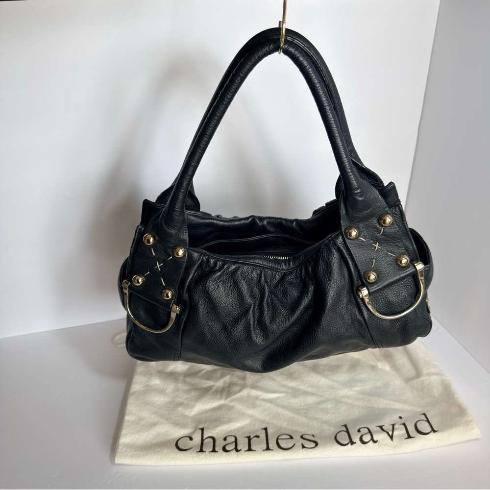 Charles David Black Shoulder Leather Bag with Gold Accents - Picture 2 of 11